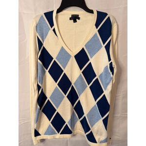 Women’s Tommy Hilfiger V-Neck Argyle Sweater M Collegiate Preppy Old Money EUC
